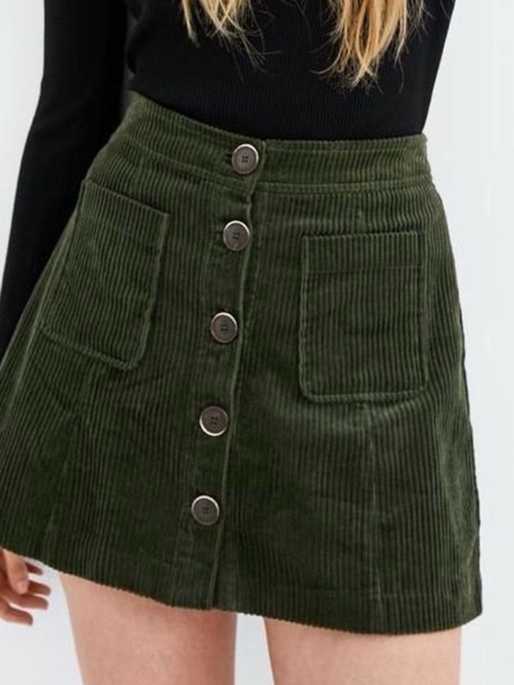 Zara Olive Green Corduroy Button Front Mini Skirt Size S | Utility Fall Y2K